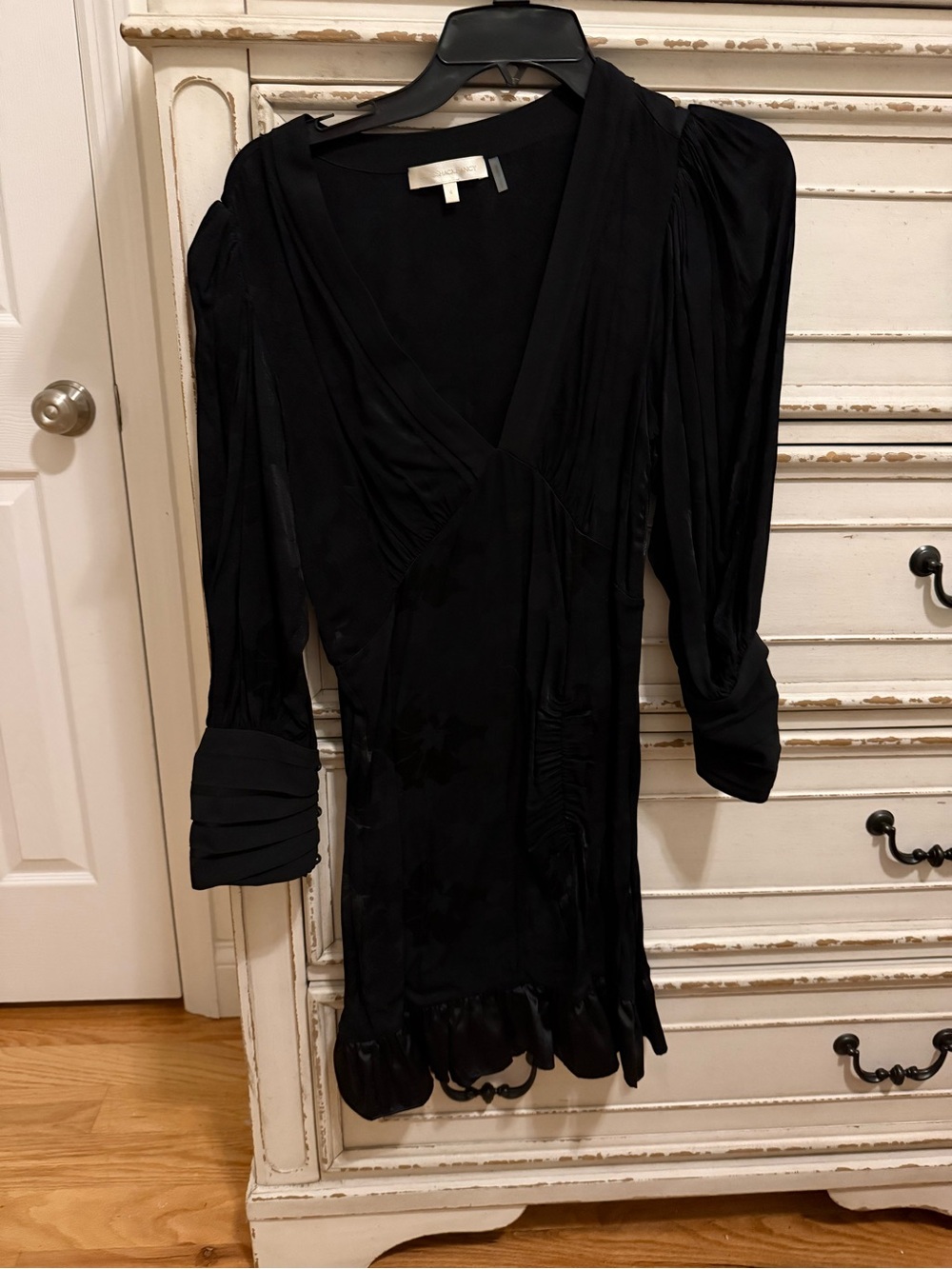 LoveShackFancy Revaline Black Puff-Sleeve V-Neck Mini Dress - Picture 2 of 2